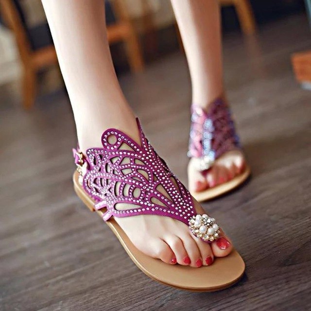 Vintage Women Flats Rhinestone Footwear Heel Anti