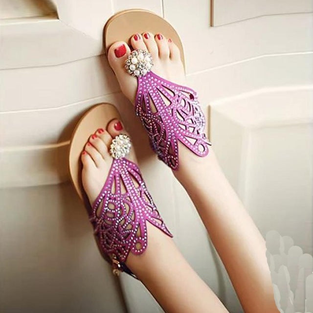 Vintage Women Flats Rhinestone Footwear Heel Anti