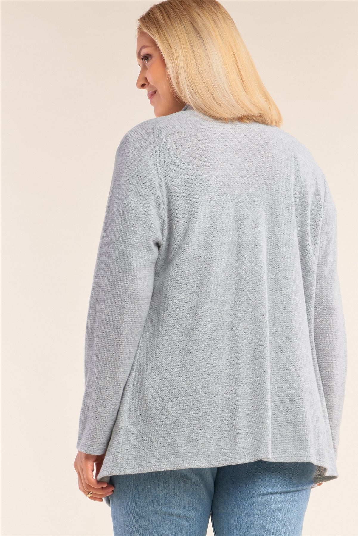 Plus Size Heather Grey Knit Open Front Long Sleeve Asymmetrical Pleated Collar Hem Cardigan