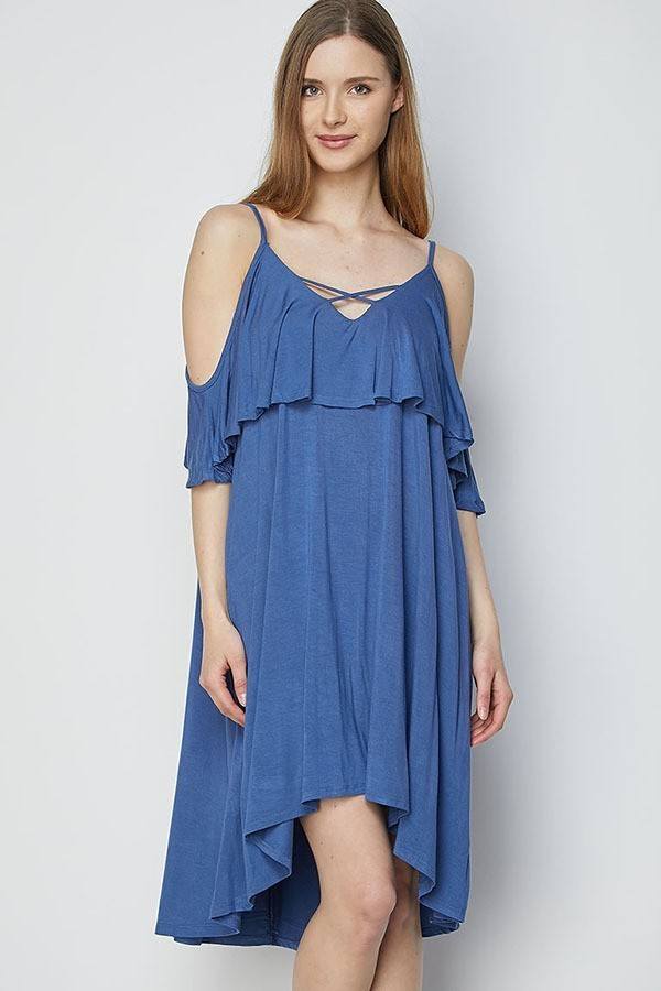 Solid Strappy Detail Cold Shoulder Ruffle Dress